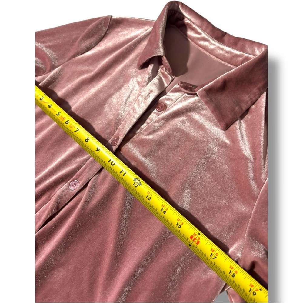 Rose/Mauve Velvet Long Sleeve Button Down Collared Mini Shirt Dress - Picture 12 of 16